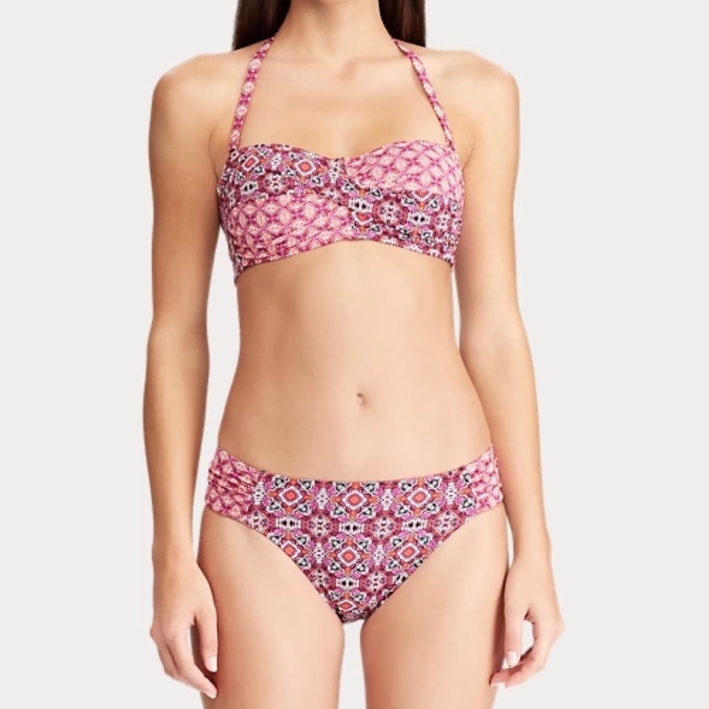 LAUREN RALPH LAUREN NWOT PINK GEOMETRIC BANDEAU BIKINI TOP & BOTTOM SIZE 4/EU 36